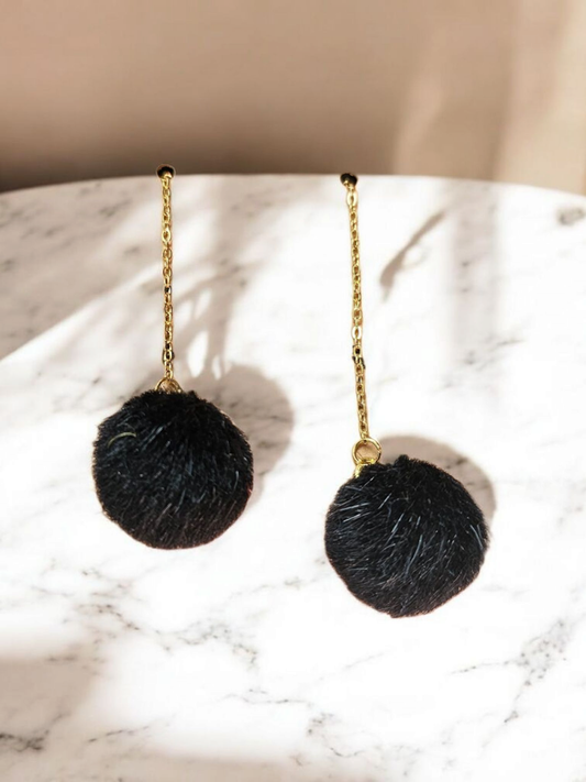 Black Puffball Threader Dangle Earrings
