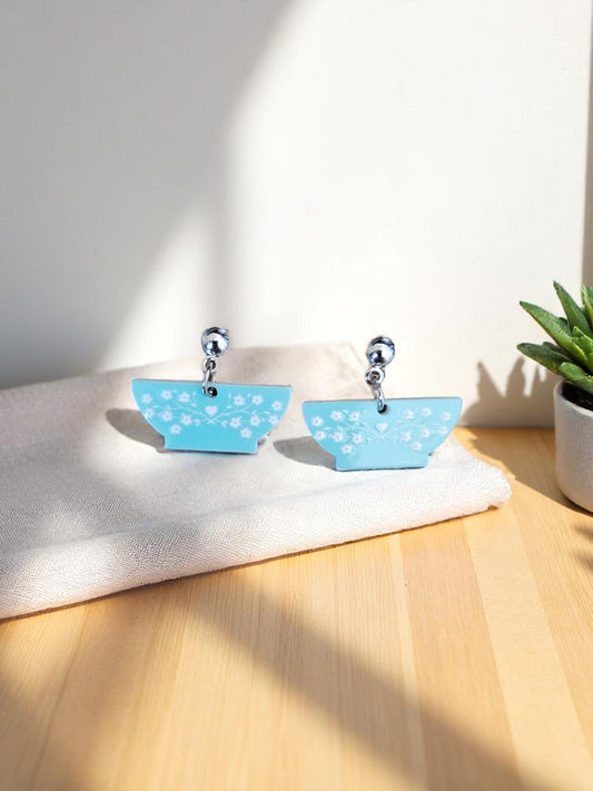 Large Blue Teacup Stud Dangle Earrings