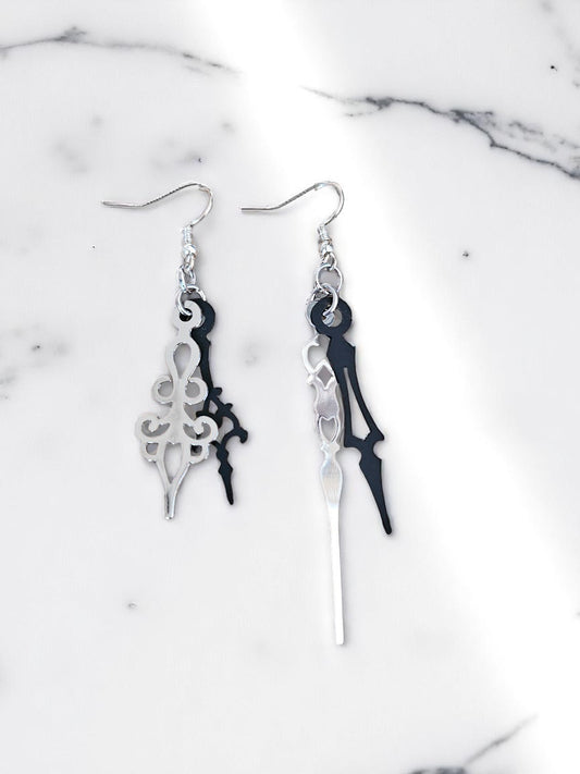 Silver and Black Clock Hands Dangle Earrings