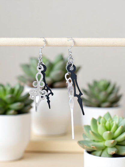 Silver and Black Clock Hands Dangle Earrings