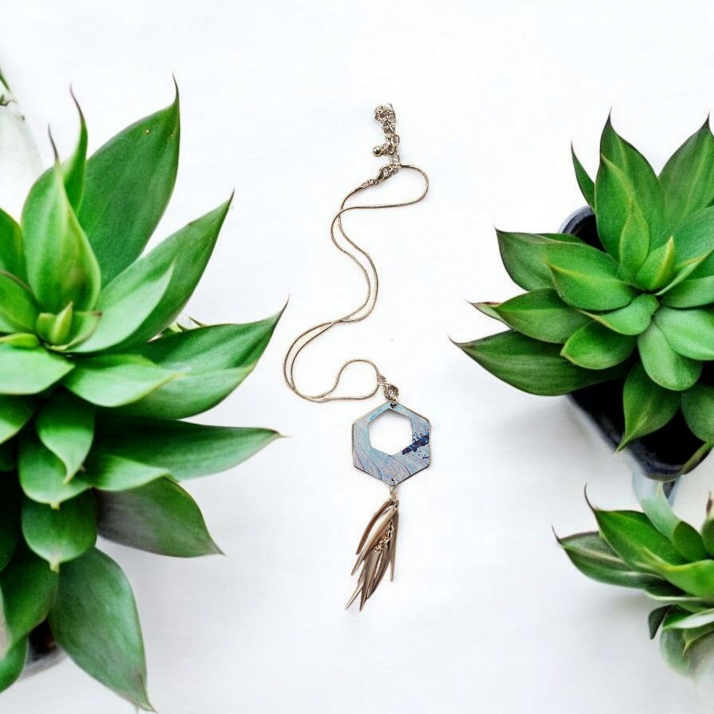 Upcycled Paint Drip Purple Blue and White Hexagon Pendant Necklace on Gold Chain