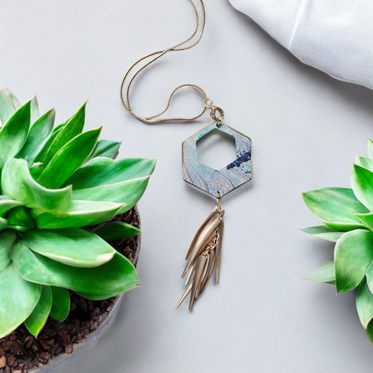 Upcycled Paint Drip Purple Blue and White Hexagon Pendant Necklace on Gold Chain