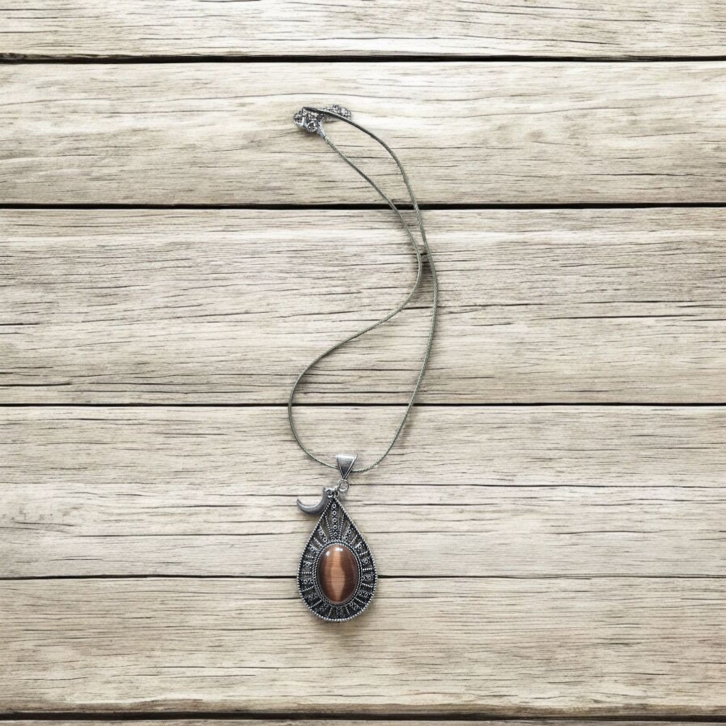 Upcycled Cats Eye Brown Teardrop Silver Pendant with Moon Charm Accent on Olive Leather Chain Necklace
