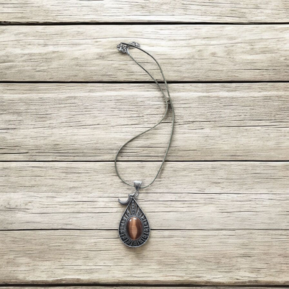 Upcycled Cats Eye Brown Teardrop Silver Pendant with Moon Charm Accent on Olive Leather Chain Necklace