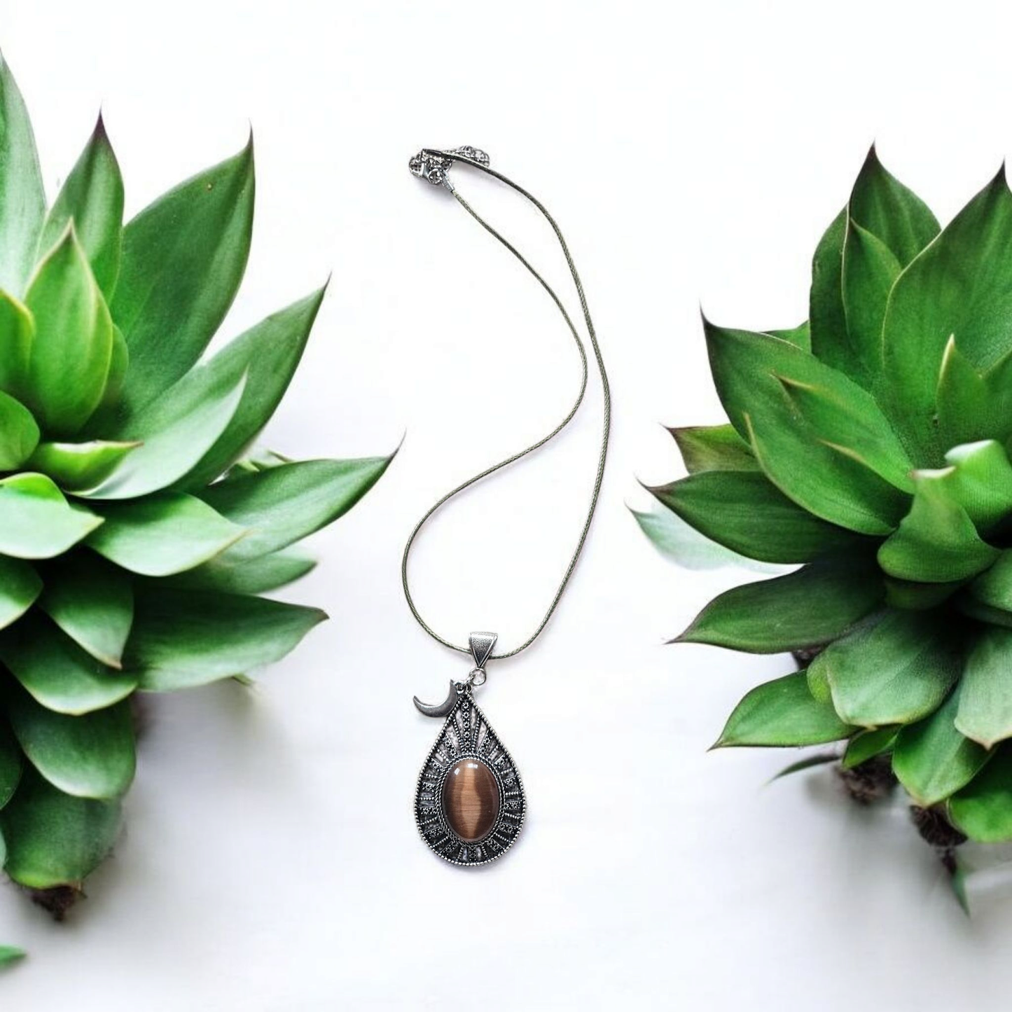 Upcycled Cats Eye Brown Teardrop Silver Pendant with Moon Charm Accent on Olive Leather Chain Necklace