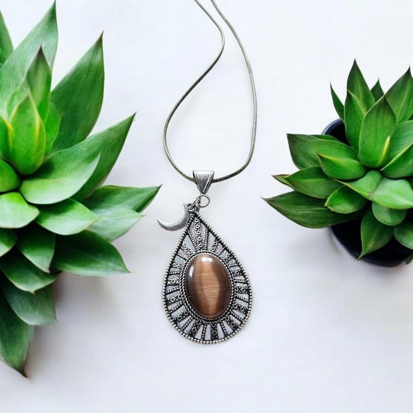 Upcycled Cats Eye Brown Teardrop Silver Pendant with Moon Charm Accent on Olive Leather Chain Necklace