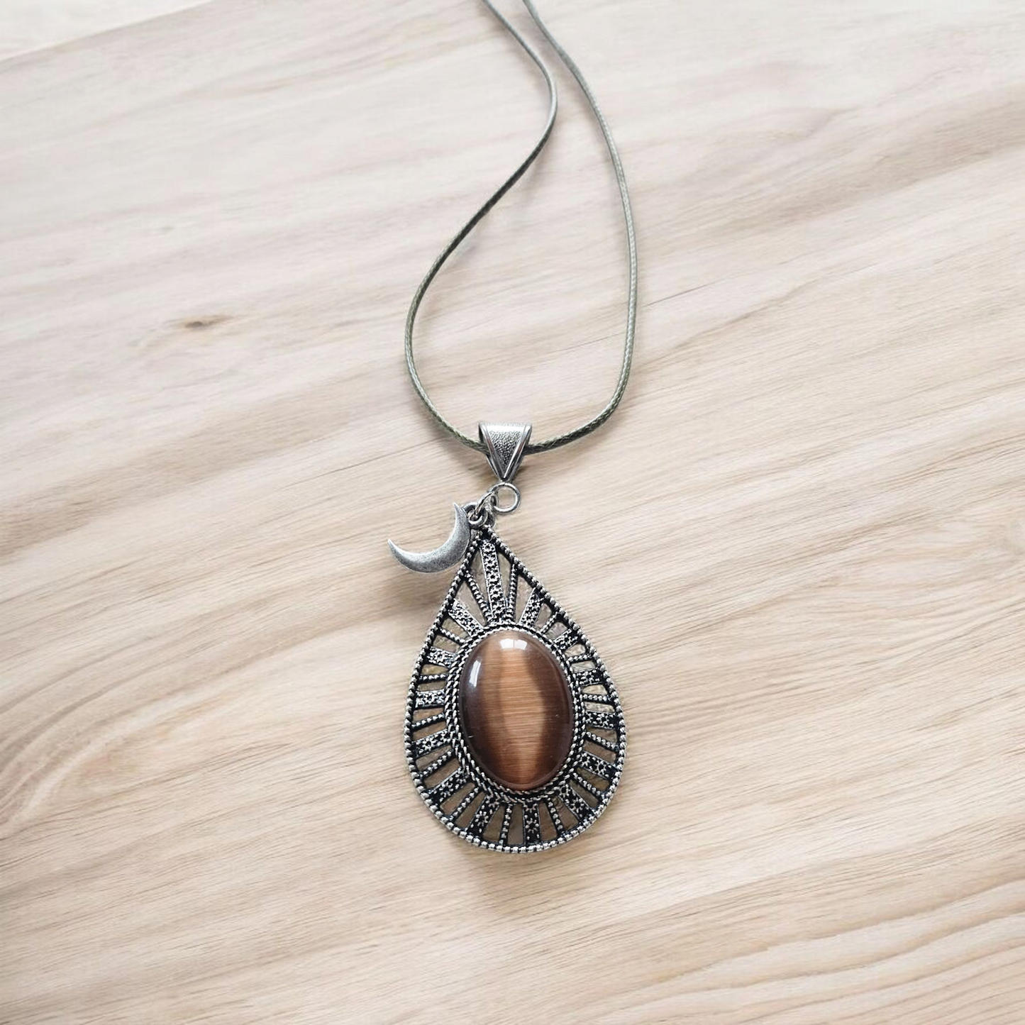 Upcycled Cats Eye Brown Teardrop Silver Pendant with Moon Charm Accent on Olive Leather Chain Necklace