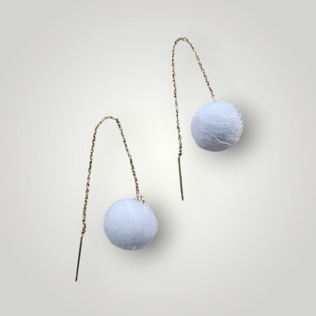 White Holiday Puff Ball on Gold Threader Dangle Earrings