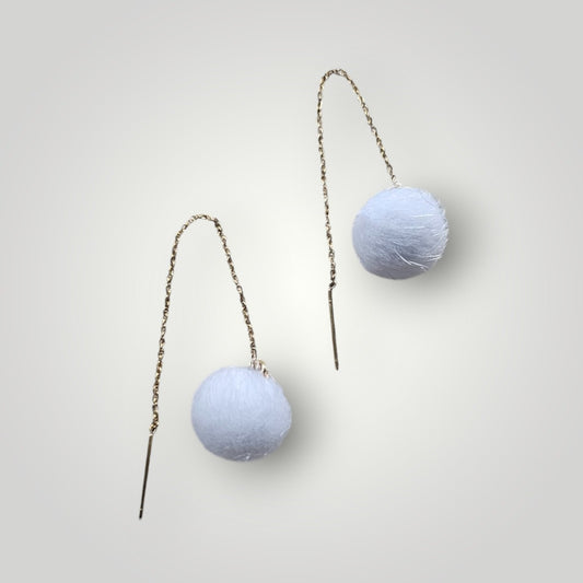 White Holiday Puff Ball on Gold Threader Dangle Earrings