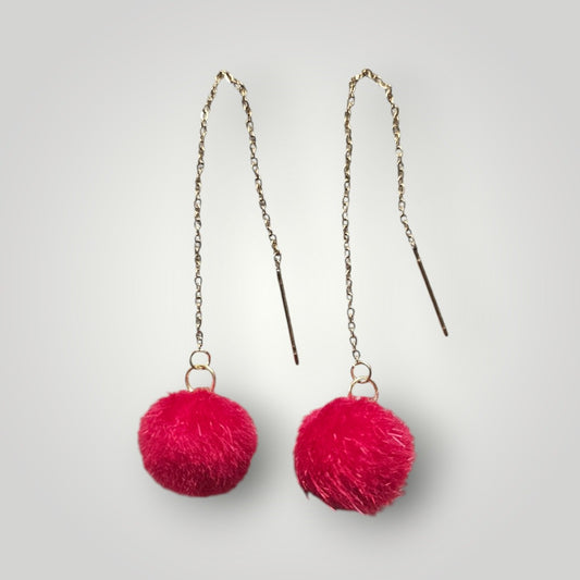 Red Holiday Puff Ball on Gold Threader Dangle Earrings