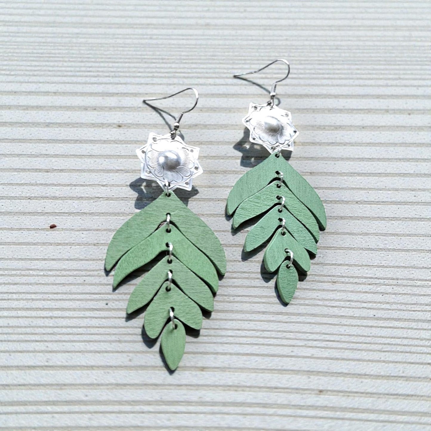 Upcycled Green Leaves and Silver Medallions Wood Dangle Earrings