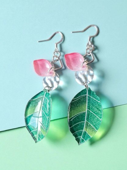 Green Glass Leaves on Silver Dangle with Pink Glass Petal Accent Dangle Earrings