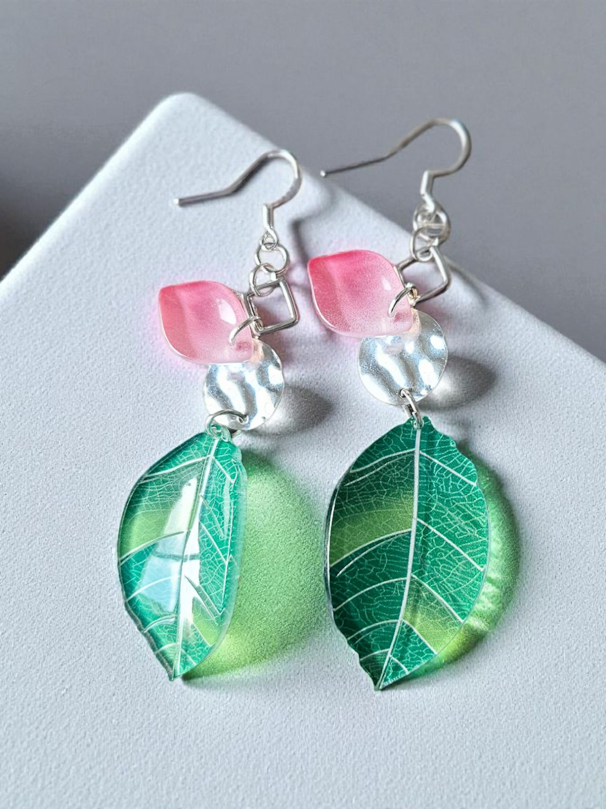 Green Glass Leaves on Silver Dangle with Pink Glass Petal Accent Dangle Earrings