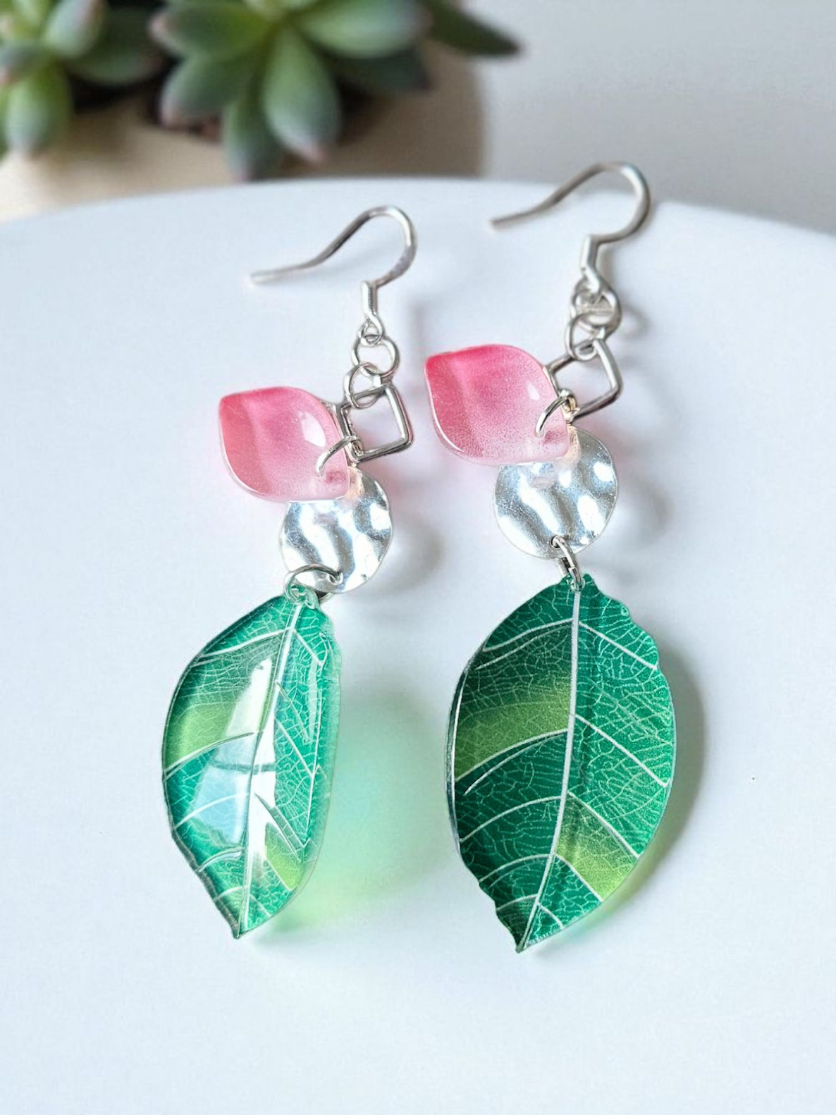 Green Glass Leaves on Silver Dangle with Pink Glass Petal Accent Dangle Earrings