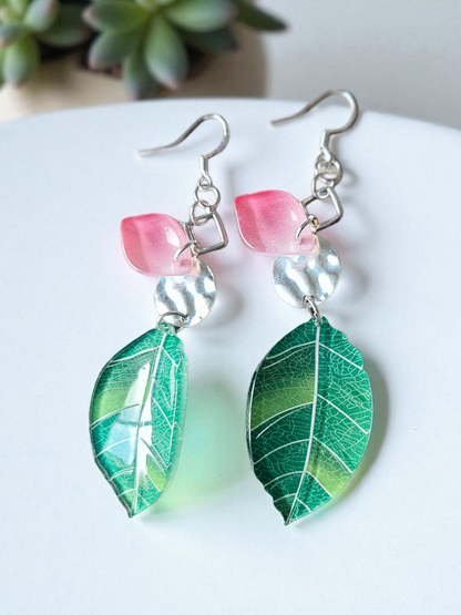 Green Glass Leaves on Silver Dangle with Pink Glass Petal Accent Dangle Earrings