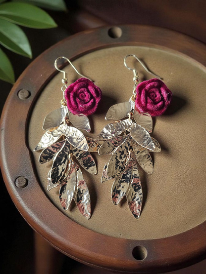 Golden Leaves with Burgundy Rose Accent Charm Large Dangle Earrings