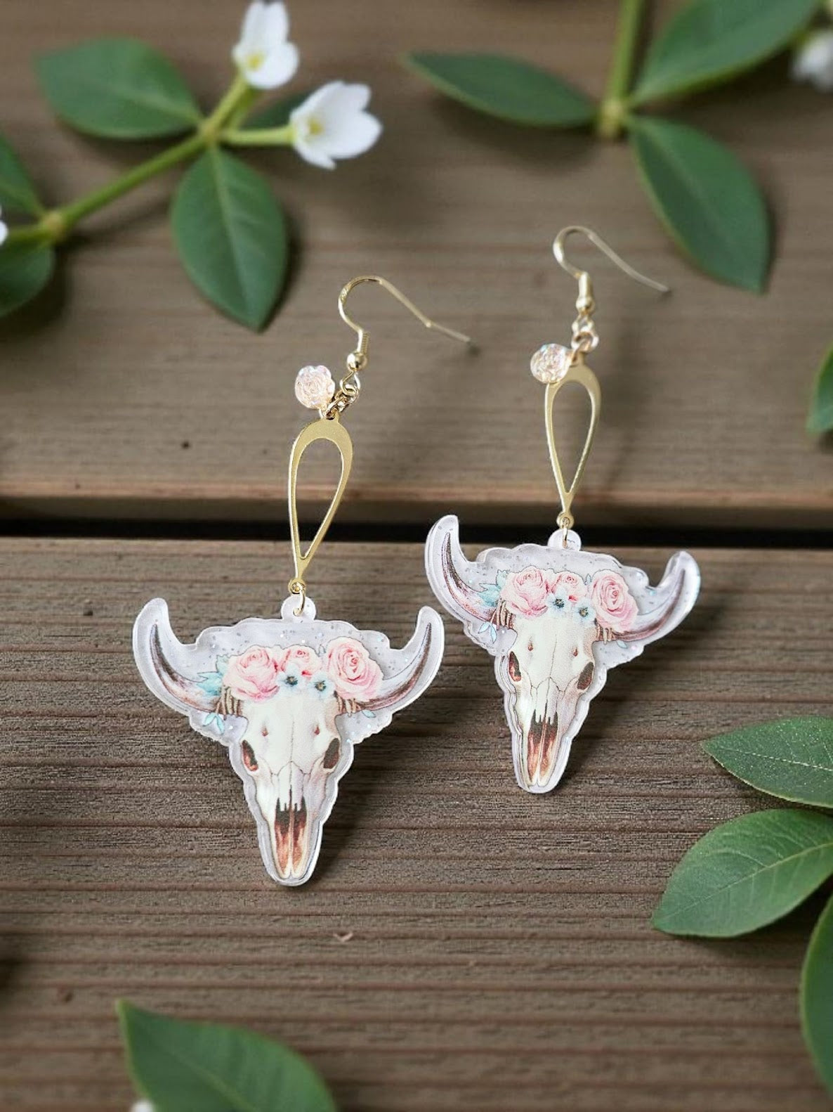 Sparkling Resin Rosy Bull Skull Earrings on Golden Teardrop with Pink Rose Accent Charms Dangle Earrings