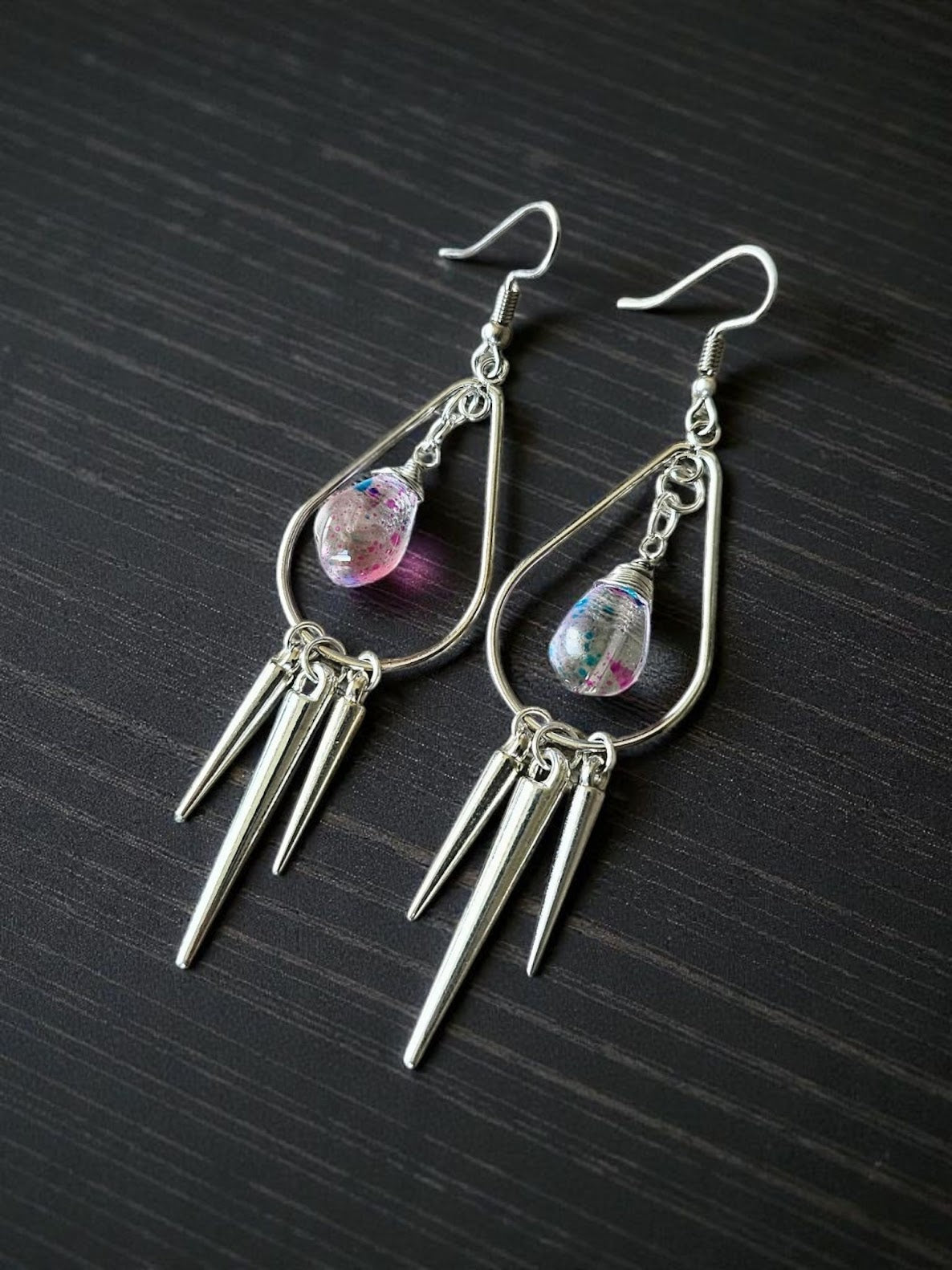 Silver Spikes on Silver Teardrops with Blue and Pink Glass Dangles Dangle Earrings