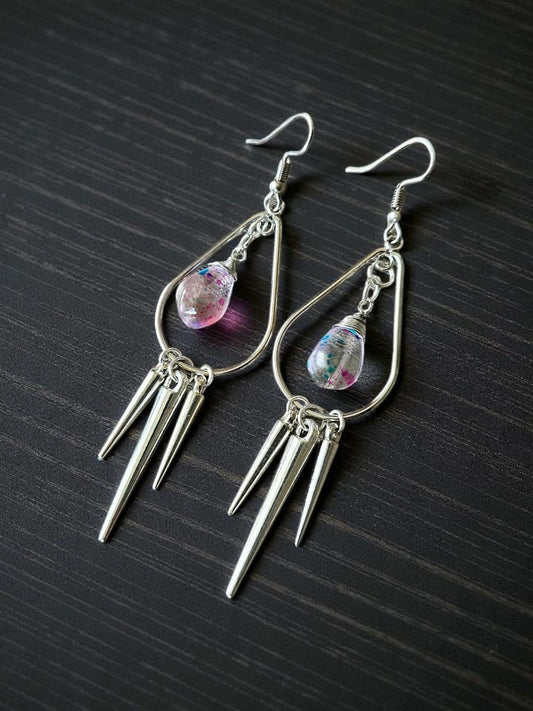 Silver Spikes on Silver Teardrops with Blue and Pink Glass Dangles Dangle Earrings