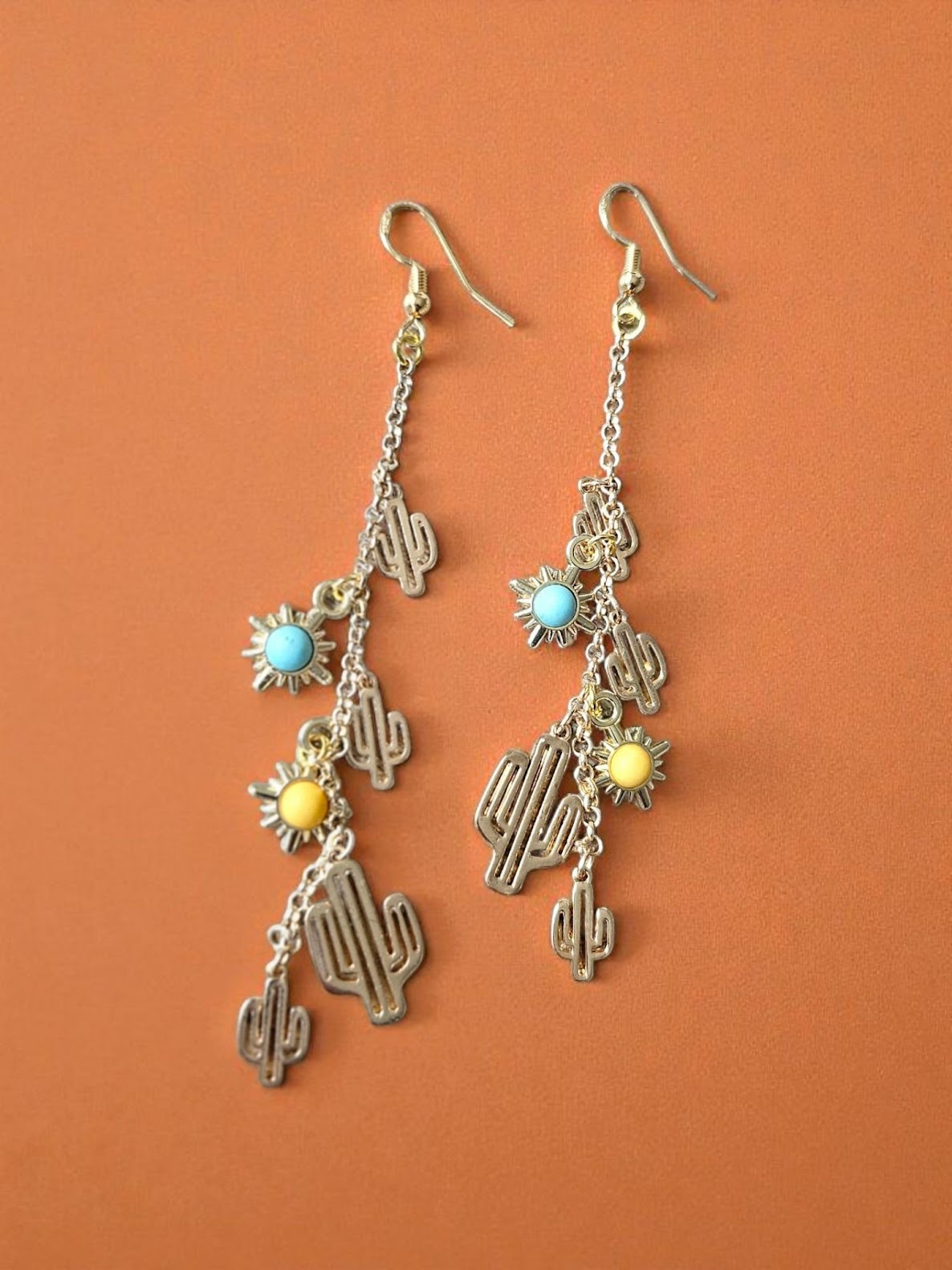 Extra Long Golden Cactus Charms on Chain with Colorful Sun Accents Dangle Earrings