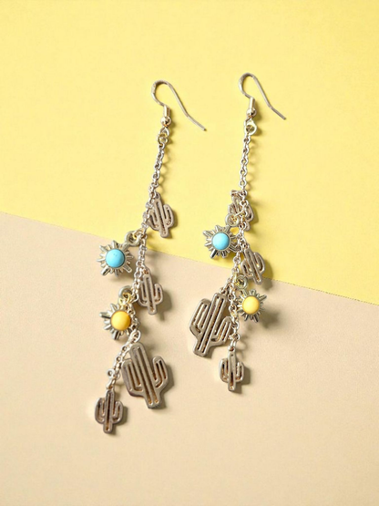 Extra Long Golden Cactus Charms on Chain with Colorful Sun Accents Dangle Earrings