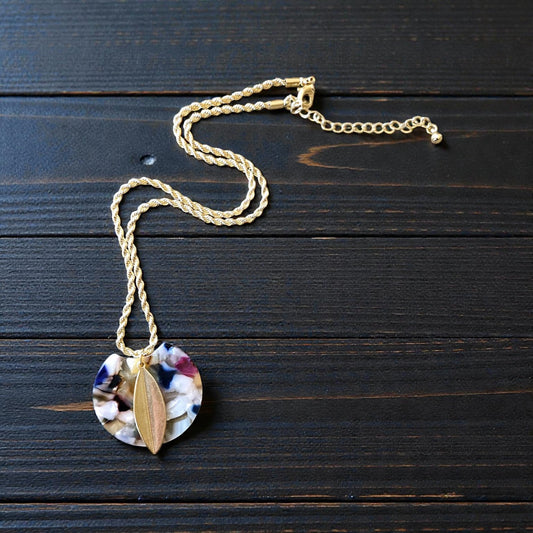 Upcycled Golden Feather on Multicolored Resin Circle Pendant Gold Twisted Chain Necklace