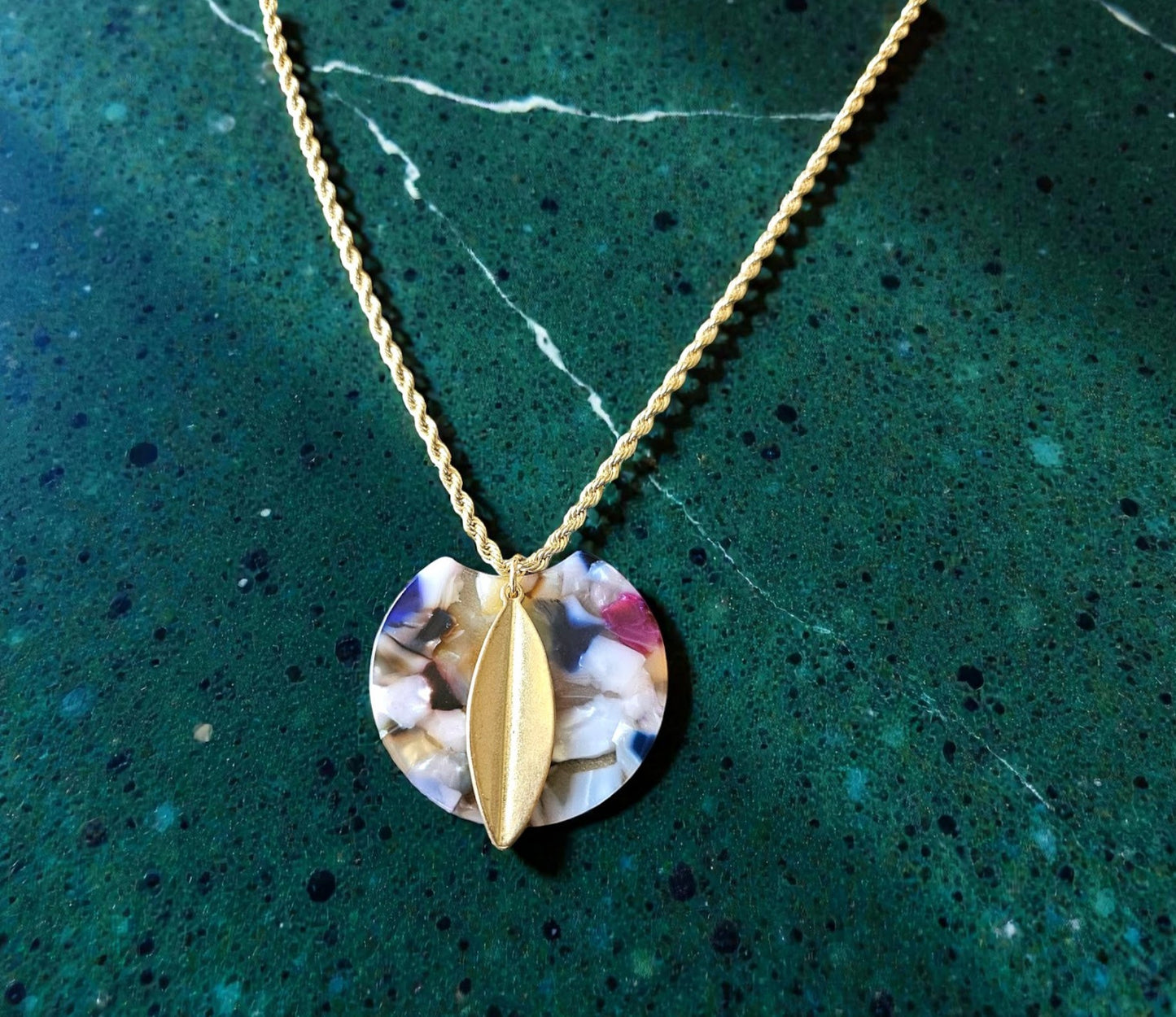 Upcycled Golden Feather on Multicolored Resin Circle Pendant Gold Twisted Chain Necklace