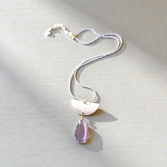 Upcycled Cats Eye Purple and Gold Pendant on White and Gold Shimmer Necklace