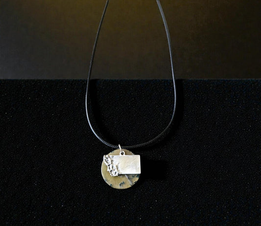 Upcycled Silver Montana Pendant with Montana Moss Agate on Black Leather Cord Necklace