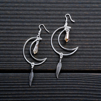 Large Silver Crescent Moons with Suncatcher Crystal Point Charms and Upcycled Feather Charms Large Dangle Earrings