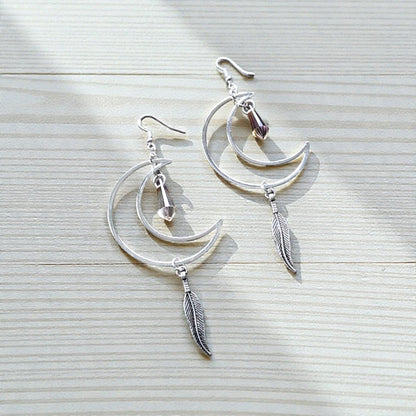 Large Silver Crescent Moons with Suncatcher Crystal Point Charms and Upcycled Feather Charms Large Dangle Earrings