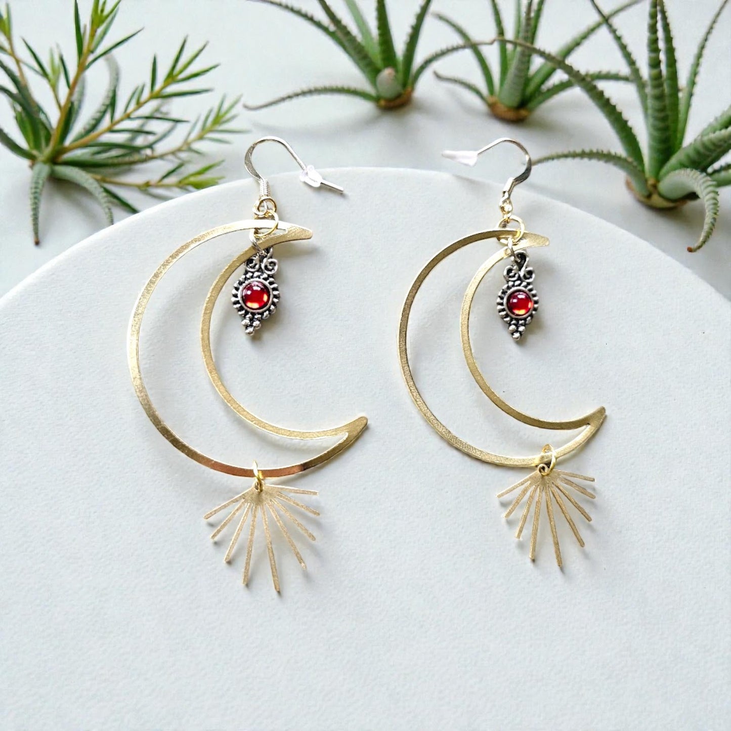 Brass Crescent Moons Earrings With Amber Teardrop And Golden Sun Rays Dangle Earrings For Celestial Style