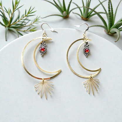 Brass Crescent Moons Earrings With Amber Teardrop And Golden Sun Rays Dangle Earrings For Celestial Style