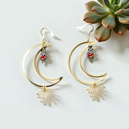 Brass Crescent Moons Earrings With Amber Teardrop And Golden Sun Rays Dangle Earrings For Celestial Style