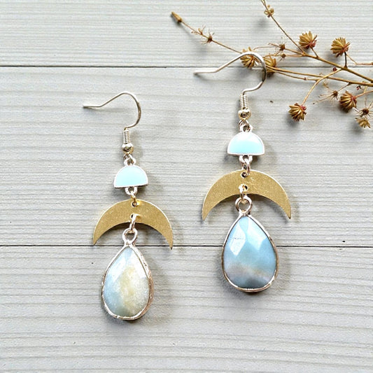 Upcycled Brass Crescent Moons with Teardrop Aquamarine Gemstone Drops Dangle Earrings