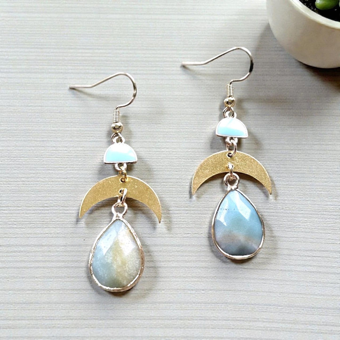 Upcycled Brass Crescent Moons with Teardrop Aquamarine Gemstone Drops Dangle Earrings