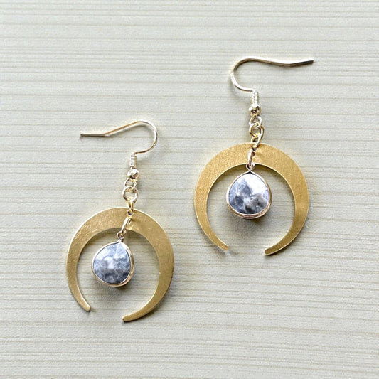 Gold Crescent Moon Teardrop Bead Dangle Earrings with Sodalite Gemstones Gold Plated Jewelry For Women Gift Idea