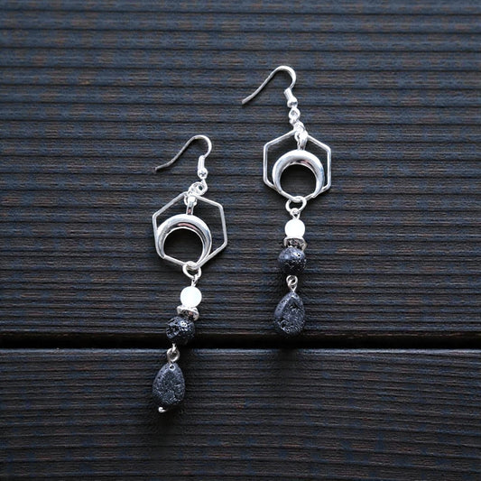 Black Lava Stone with Silver Crescent Moon and Opal Accent Bead on Silver Hexagon Dangle Earrings