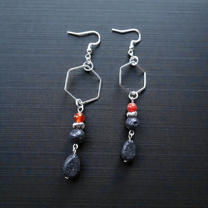 Black Lava Stone with Red Accent Bead on Silver Hexagon Dangle Earrings