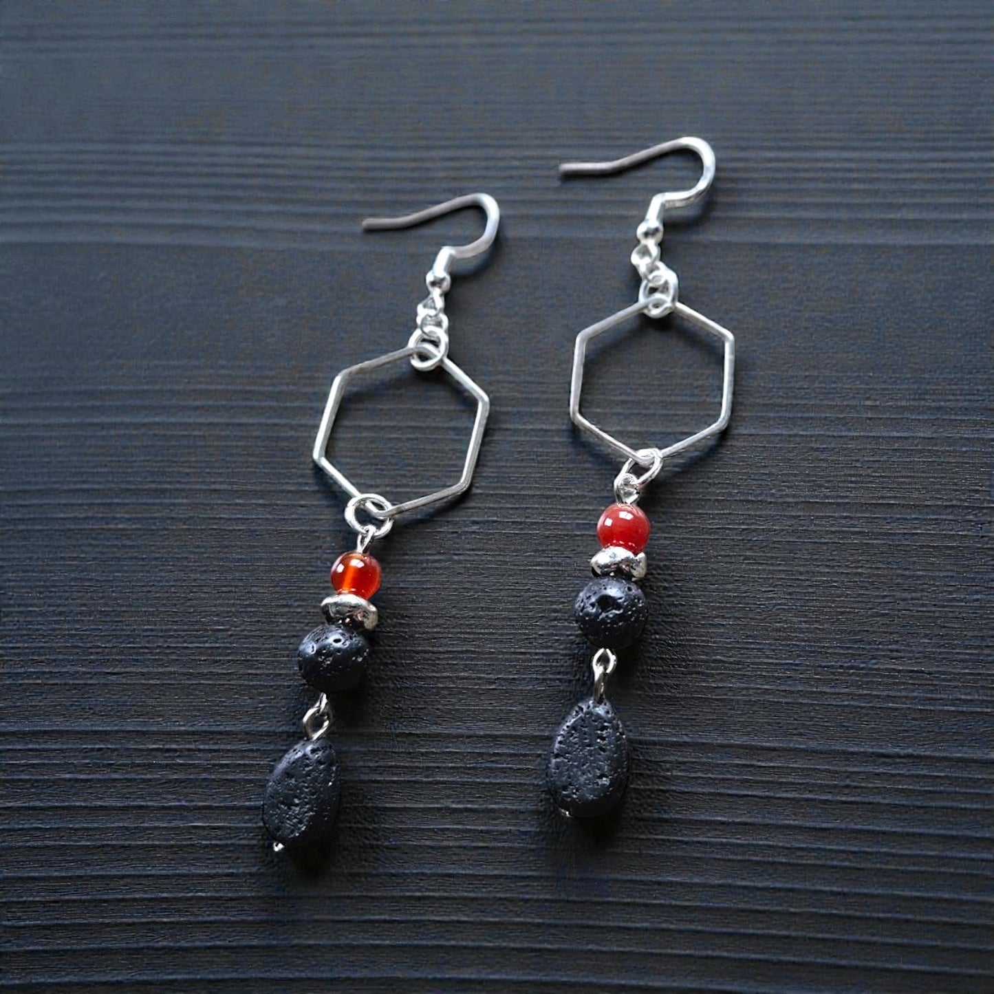 Black Lava Stone with Red Accent Bead on Silver Hexagon Dangle Earrings
