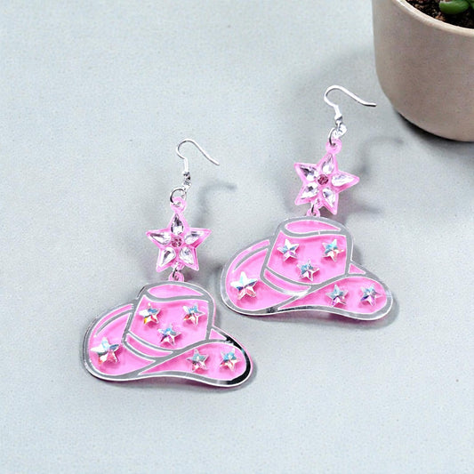 Pink Rhinestone Bling Extra Large Cowboy Hat Dangle Earrings