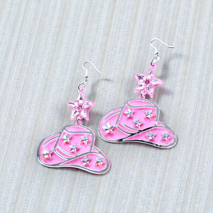 Pink Rhinestone Bling Extra Large Cowboy Hat Dangle Earrings