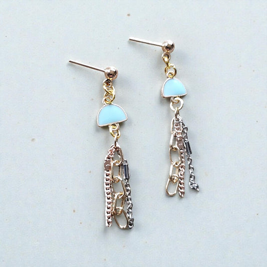 Upcycled Teal Stud Earrings with Chain Dangles Dangle Earrings