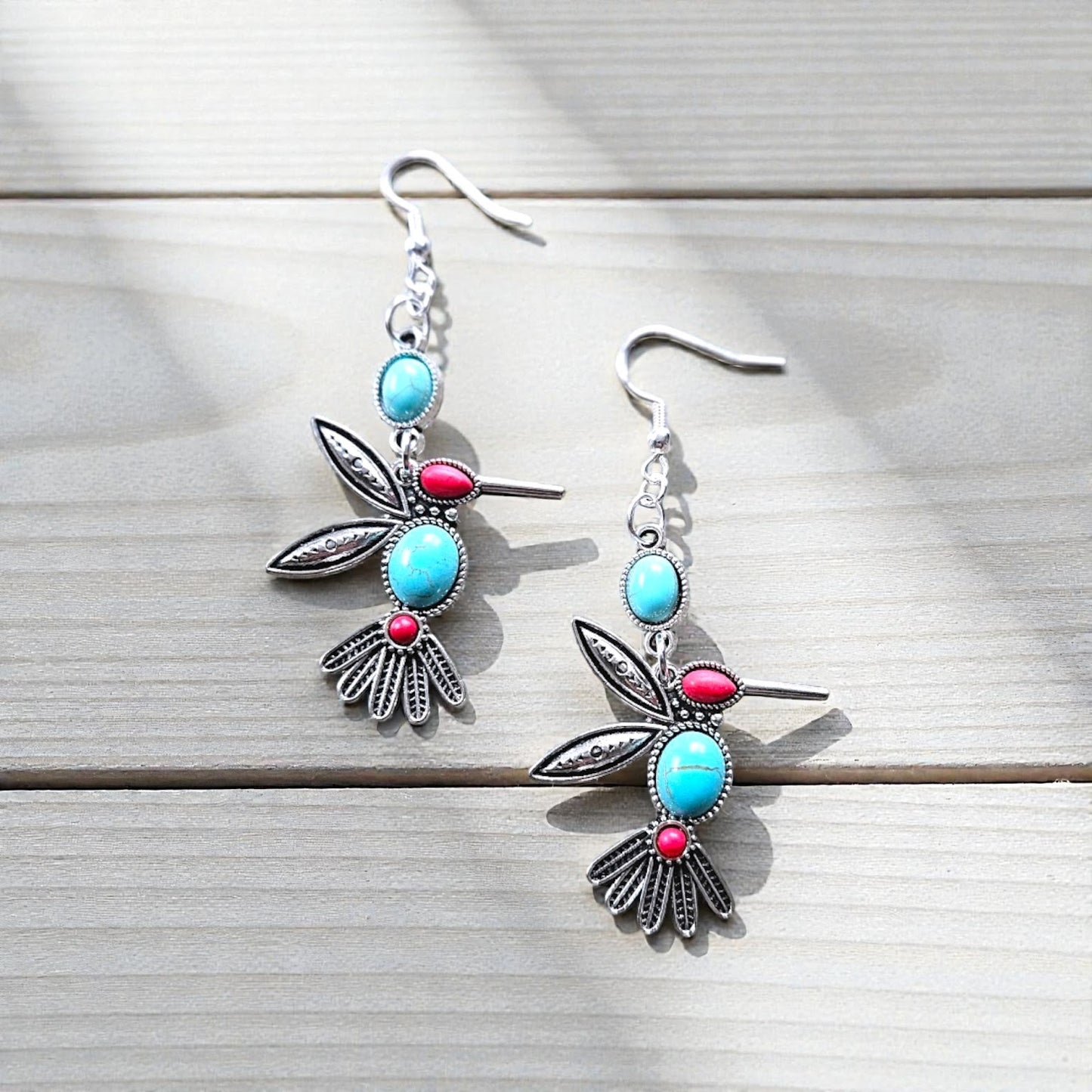 Silver, Teal, and Red Hummingbird Dangle Earrings Western Style