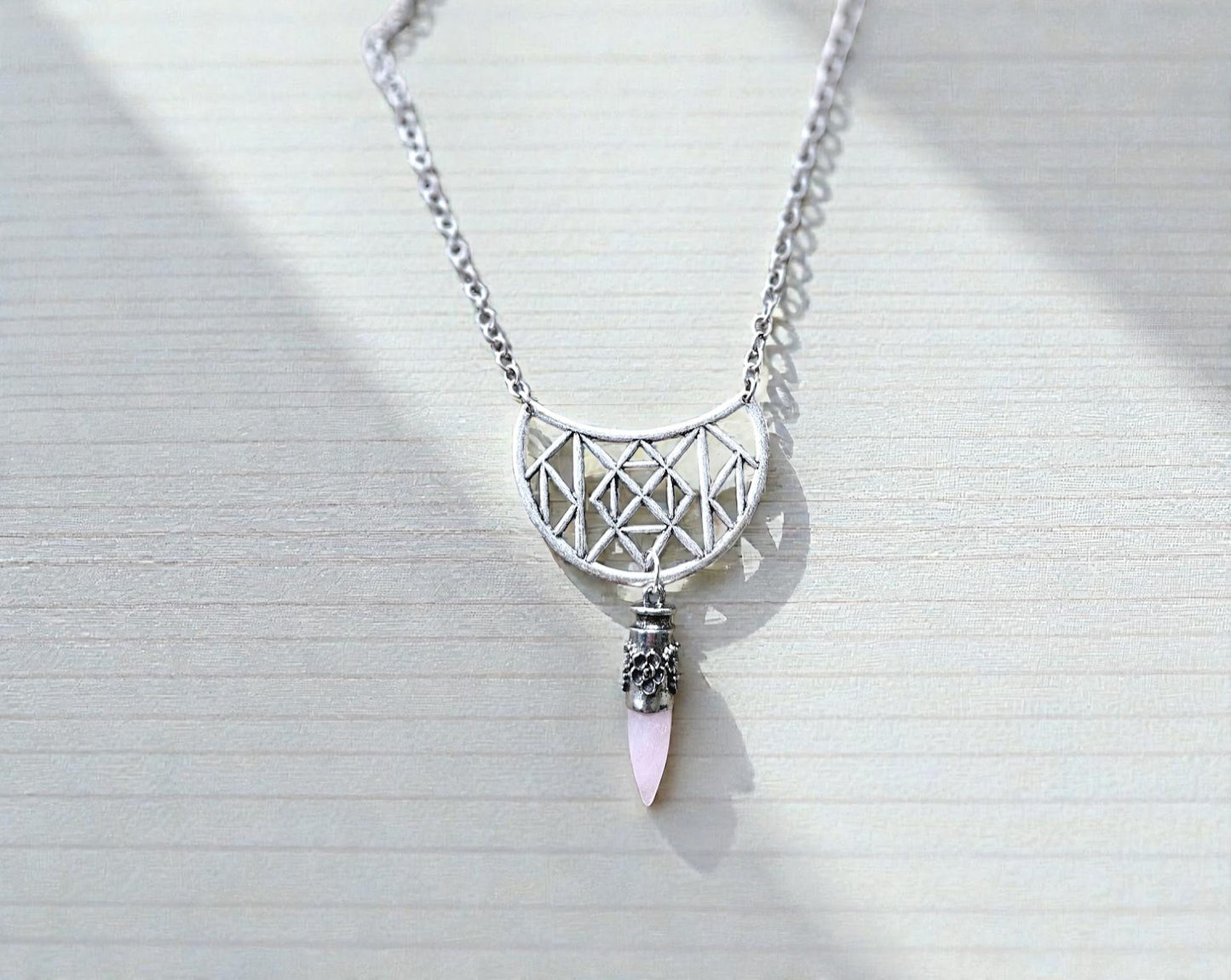 Upcycled Antique Silver Geometric Statement Necklace with Rose Quartz Bullet Pendant