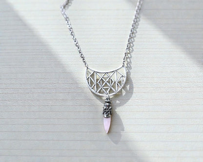 Upcycled Antique Silver Geometric Statement Necklace with Rose Quartz Bullet Pendant