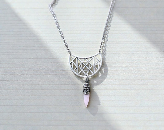 Upcycled Antique Silver Geometric Statement Necklace with Rose Quartz Bullet Pendant