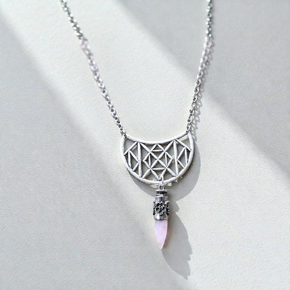 Upcycled Antique Silver Geometric Statement Necklace with Rose Quartz Bullet Pendant