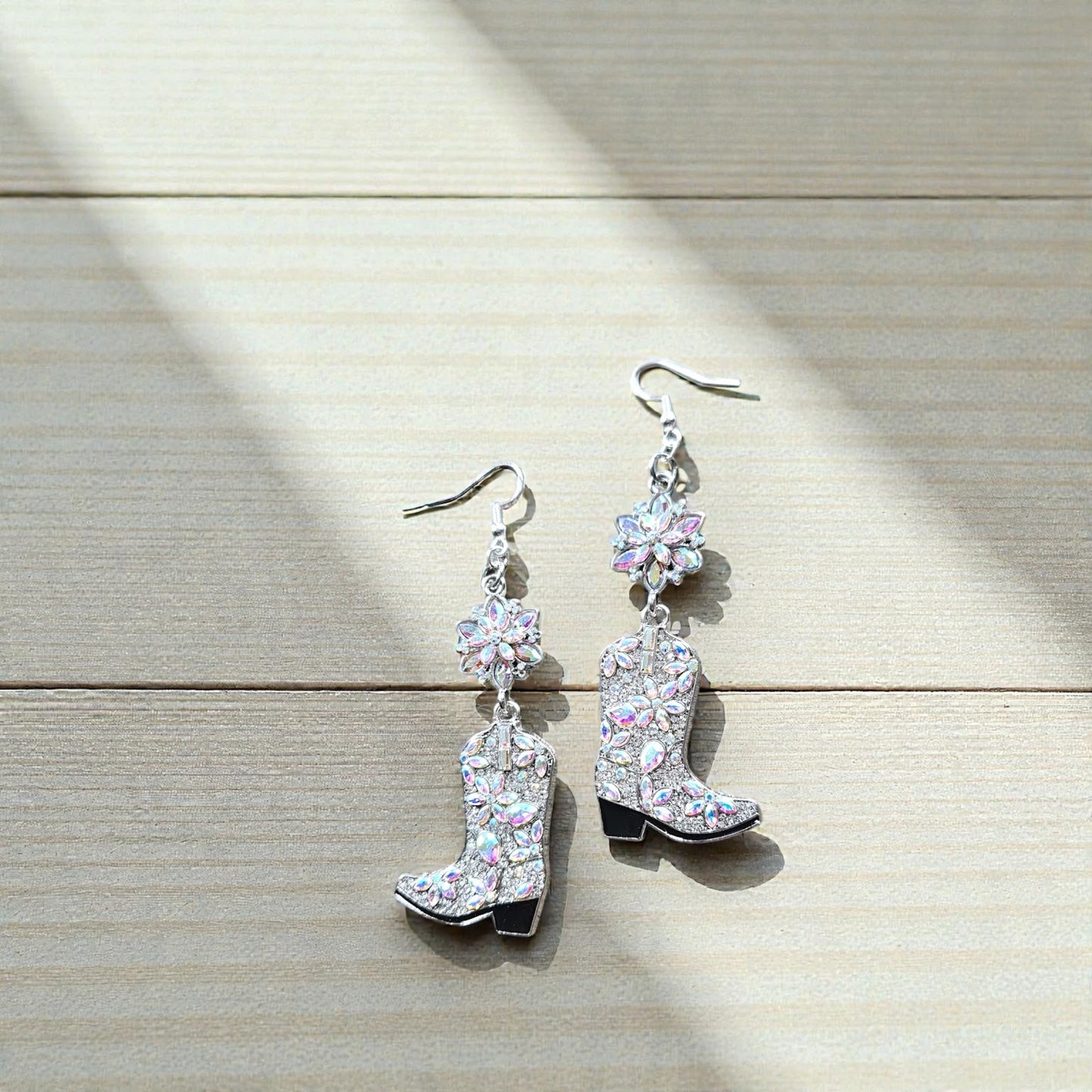 Super Blingy Rhinestone Flower and Cowboy Boot Long Dangle Earrings
