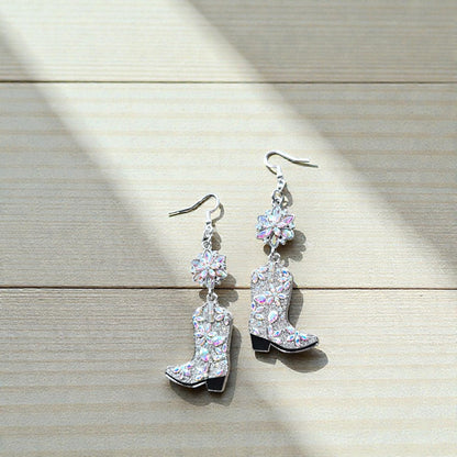 Super Blingy Rhinestone Flower and Cowboy Boot Long Dangle Earrings